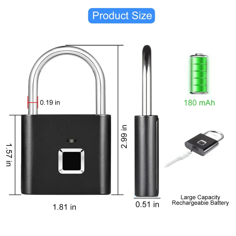Fingerprint Lock Keyless Waterproof Anti-Theft Smart Lock Fingerprint Padlock Zinc Alloy Intelligent Safety Electronic Doorlock